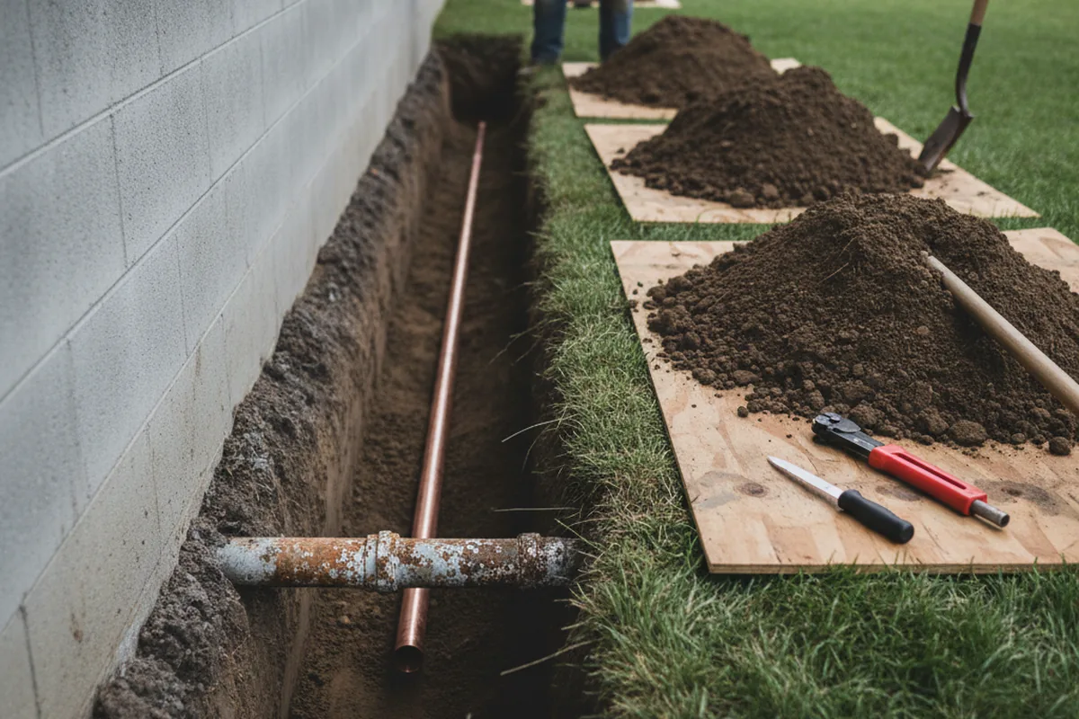 Excavated water line trench during Water Heater Repair in Little Compton